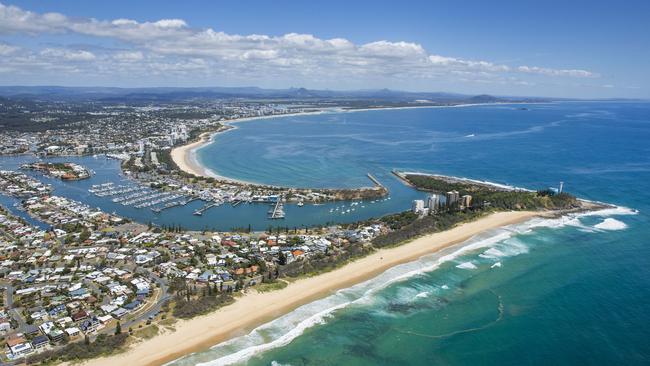 The beach at Buddina where five people were pulled from rough surf. Picture: Lachie Millard