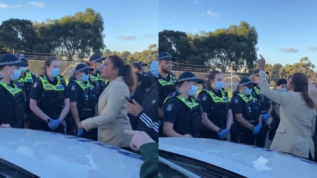 Greens Senator Lidia Thorpe confronts Victoria Police officers over the decision to move detainees to Christmas Island. Picture: Twitter/@SenatorThorpe