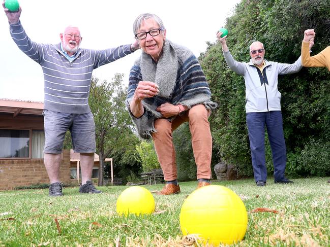 Story on life expectancy resarch (Grovedale, Barwon Heads, OG and Queenscliff are high). Elderly participants of the Bellarine Community Health Social Support Program from left: John Dowling, Cass Perry, Ian Little and Norm Wild playing bocce to stay active.  picture: Glenn Ferguson