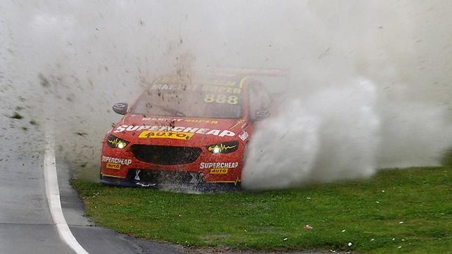 A car chews up the grass after leaving the track. Picture: Mark Horsburgh / EDGE Photographics.