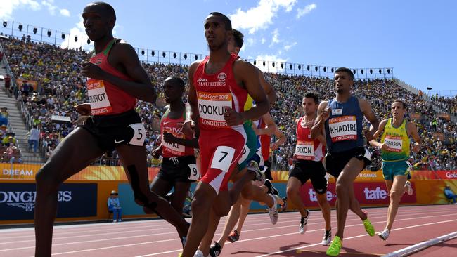 Ryan Gregson at the back of the pack in the men’s 1500m. Picture: AAP Images