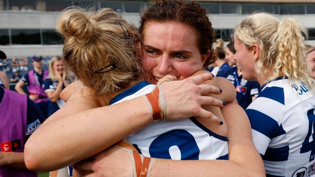 Meg McDonald celebrates after Geelong’s premiership win. Picture: Getty Images