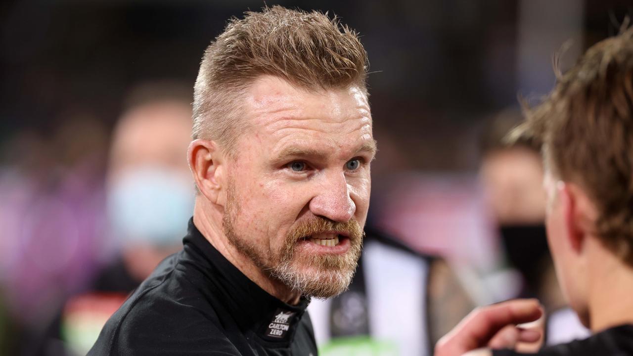 ADELAIDE, AUSTRALIA - JUNE 05: Nathan Buckley, Senior Coach of the Magpies during the 2021 AFL Round 12 match between the Adelaide Crows and the Collingwood Magpies at Adelaide Oval on June 5, 2021 in Adelaide, Australia. (Photo by James Elsby/AFL Photos via Getty Images)