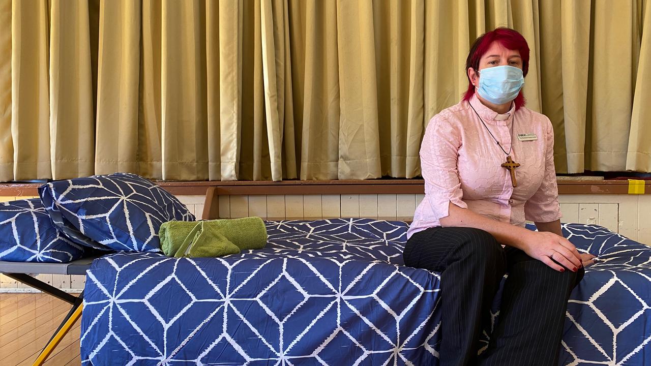 Reverend Pauline Harley pictured on one of the camp beds generously donated by Living Grace Church. Picture: Contributed