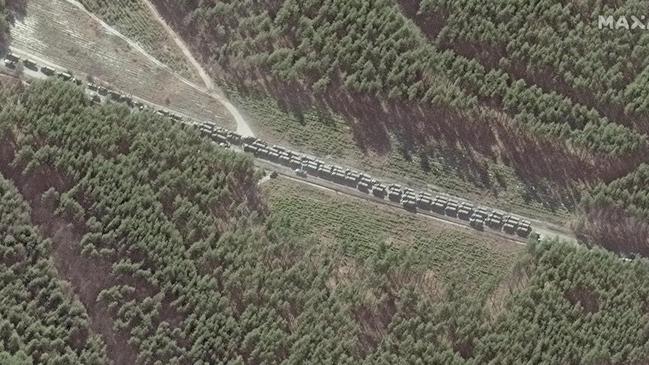 This Maxar satellite image taken and released on Monday shows a convoy of Russian military vehicles near Ivankiv, 80km northeast of Ktiv. Picture: AFP/Maxar Technologies