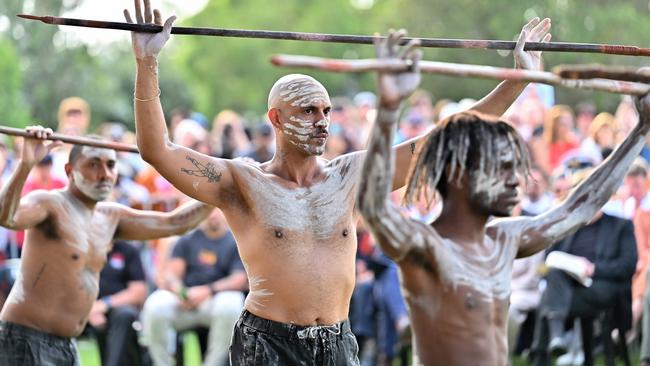 Members of the Burundi Theatre for Performing Arts perform a dance during the Australia Day WugulOra Morning Ceremony at Barangaroo Reserve in Sydney. Picture: AFP