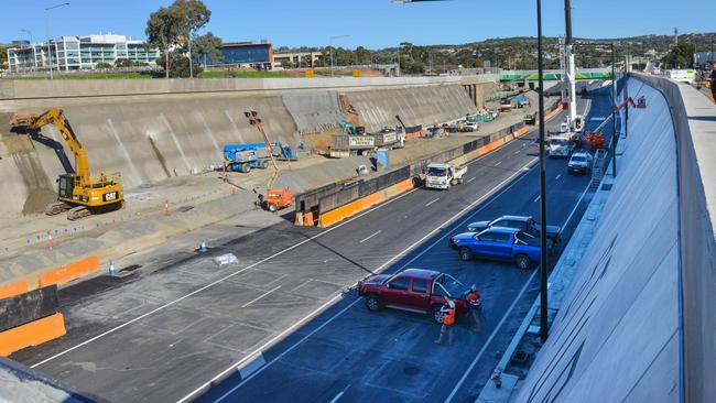 From the weekend, vehicles will drive on the lowered motorway via the new Main South Rd bridge. Picture: Brenton Edwards