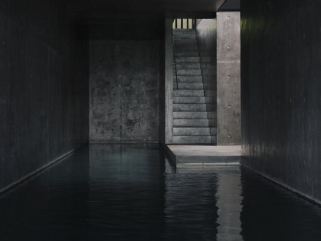 The sheltered black-concrete subterranean pool, linked to a planted void at the heart of the home. Picture: Ben Hosking.