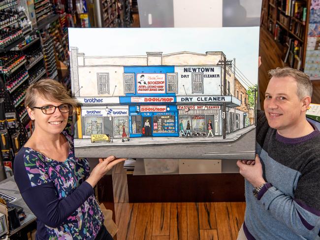 Joni Stephen and her brother Martin Butler hold an image that will be printed on limited edition visual art diaries for purchase at the Art On King/Modern Times Bookshop 40th celebration. Picture: Monique Harmer