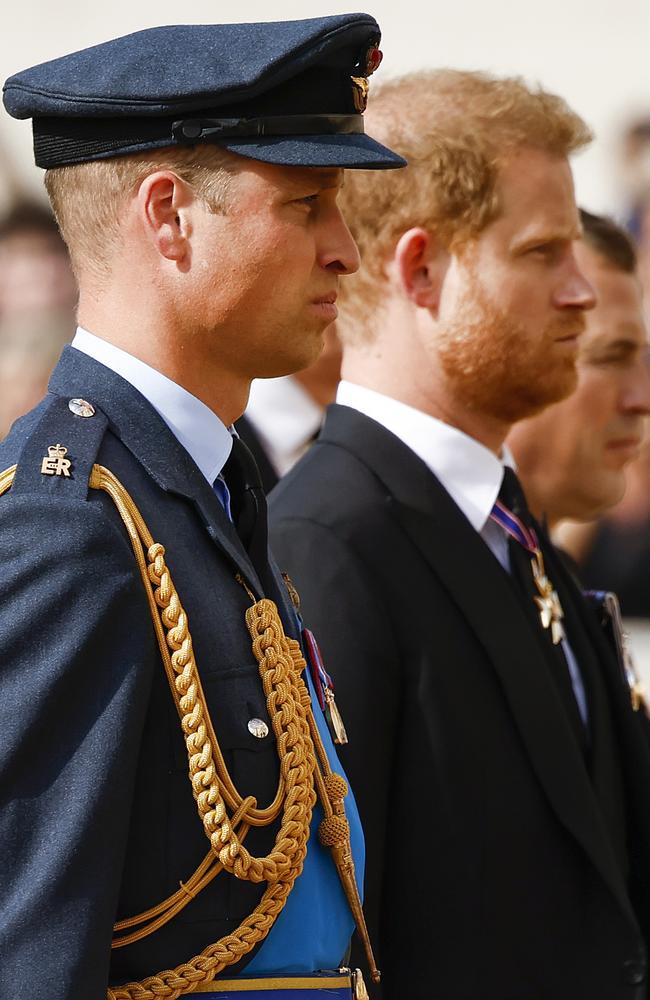 Prince William and Prince Harry walk behind the Queen’s coffin during the procession for the Lying-in State. Picture: WPA Pool/Getty Images