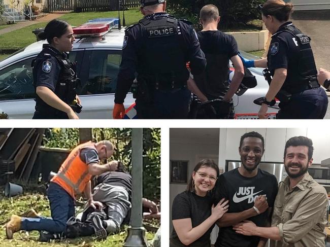 Holland Park resident Ismael Singhateh (right) and his boss tying up an alleged 31-year-old Woodridge thief. Picture: Supplied