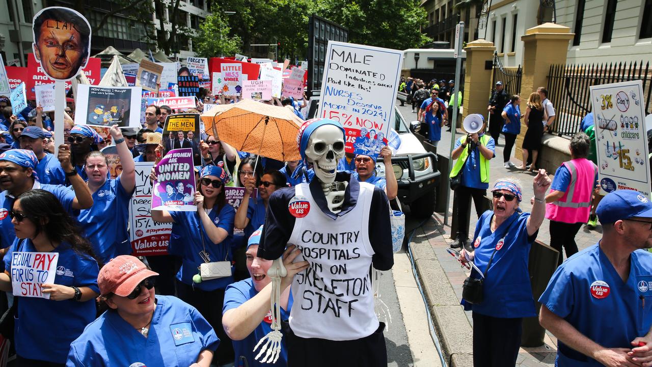More industrial chaos is looming in NSW, after months of nurse walkouts (pictured) and train strikes. Picture: NewsWire / Gaye Gerard