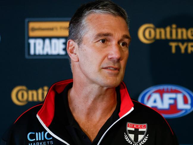 MELBOURNE, AUSTRALIA - OCTOBER 09: Stephen Silvagni, List Manager of the Saints looks at his notes during the 2023 Continental Tyres AFL Trade Period at Marvel Stadium on October 09, 2023 in Melbourne, Australia. (Photo by Michael Willson/AFL Photos via Getty Images)