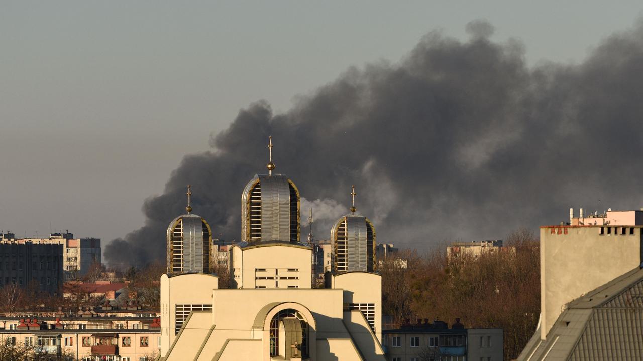 Smoke rises after an explosion in the western Ukrainian city of Lviv. Picture: Yuriy Dyachyshyn/AFP
