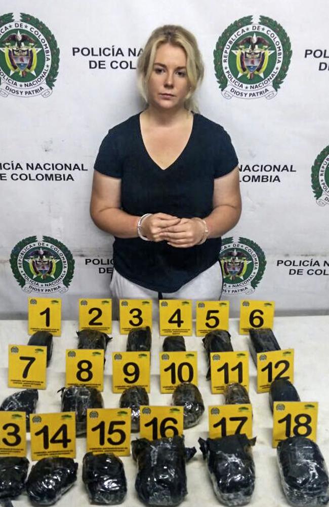 Cassie Sainsbury was arrested trying to leave Colombia with about 6kg of cocaine on April 11. Picture: Colombia’s Anti-Narcotics Police.