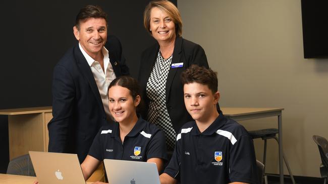 The Australian Industry Trade College opened a branch in North Ipswich earlier this year. Pictured is students Madelyn Carvolth and Liam Wise with principal Tracey Millar (right) and CEO Mark Hands.