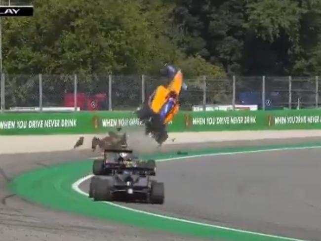 AIRBORNE: Tasmanian Formula Three driver Alex Peroni’s car launches upwards after hitting a sausage kerb at Monza on Saturday, September 7. Pictures: Video footage