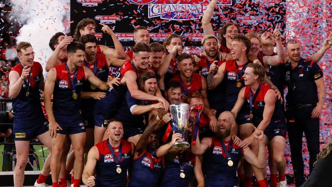 PERTH, AUSTRALIA - SEPTEMBER 25: The Demons celebrate after the 2021 Toyota AFL Grand Final match between the Melbourne Demons and the Western Bulldogs at Optus Stadium on September 25, 2021 in Perth, Australia. (Photo by Michael Willson/AFL Photos via Getty Images)