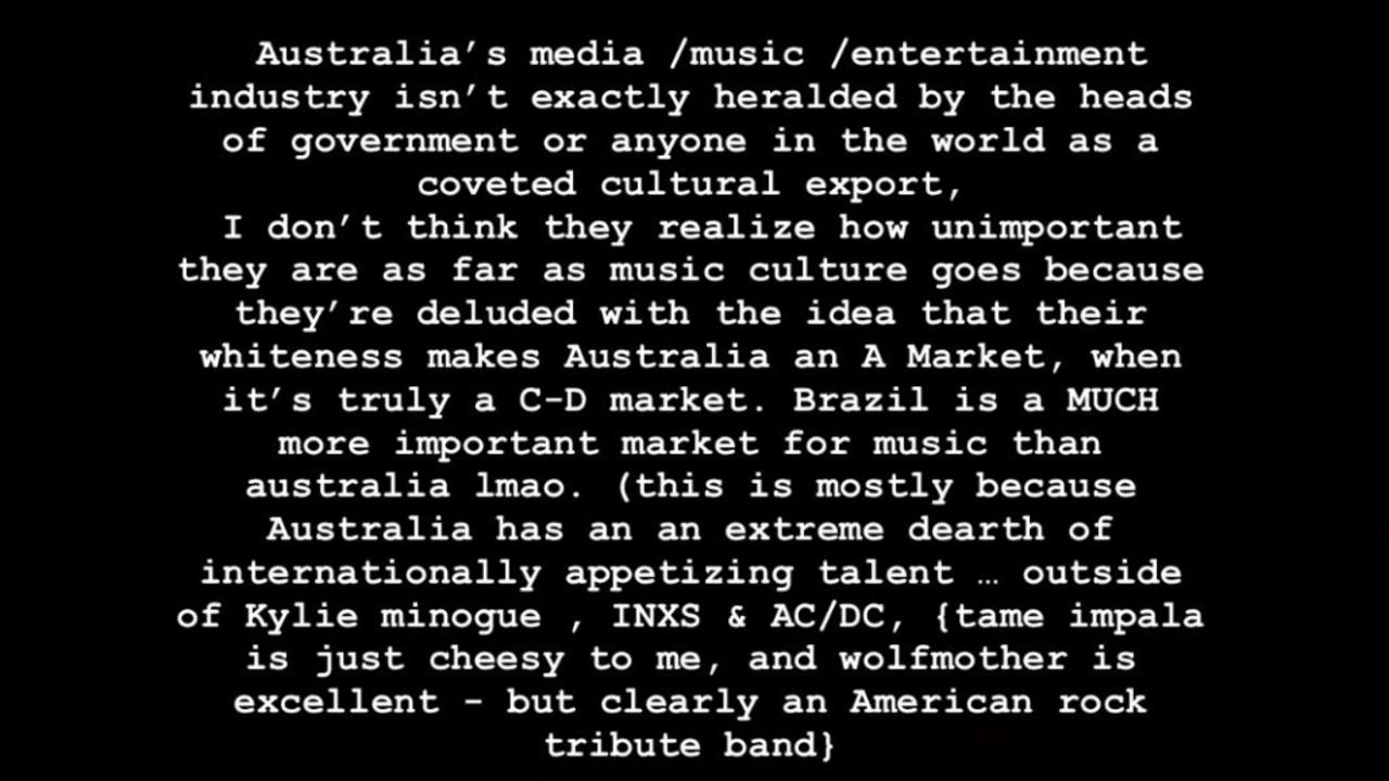 Ms Banks said the Australian entertainment industry 'isn’t exactly heralded by the heads of government or anyone in the world as a coveted cultural export'. Picture: Instagram