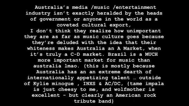 Ms Banks said the Australian entertainment industry 'isn’t exactly heralded by the heads of government or anyone in the world as a coveted cultural export'. Picture: Instagram