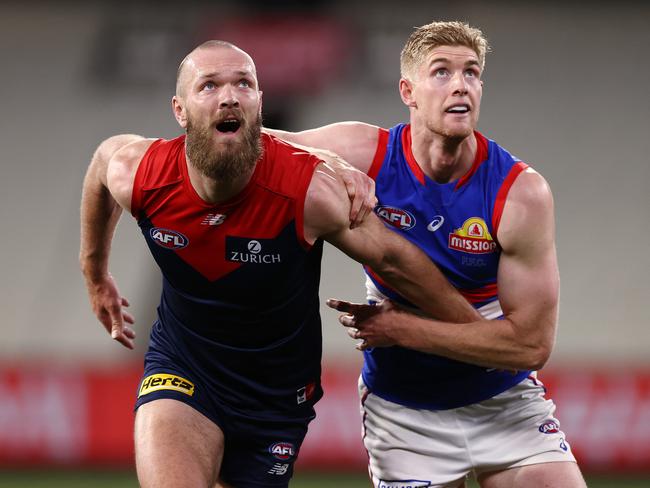 The Dogs will have their work cut out trying to curtail the influence of superstar Melbourne captain Max Gawn. Picture: Michael Klein