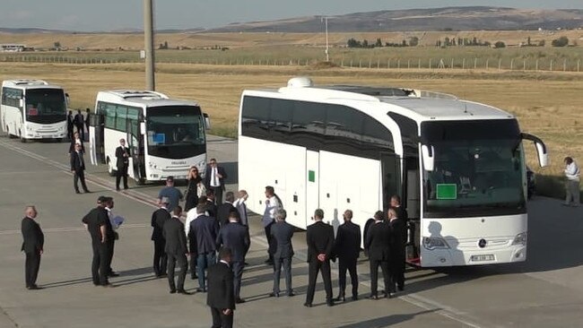 Turkish officials at the Ankara airport on Aug. 1 during the largest East-West prisoner swap since the Cold War. Picture: FSB/TASS/Zuma Press/WSJ