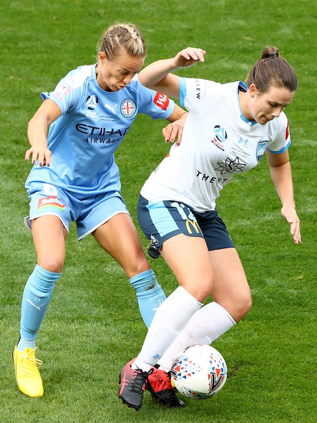 Aivi Luik of Melbourne City tackles Natalie Tobin of Sydney FC during the 2020 W-League Grand Final. Picture: Getty Images