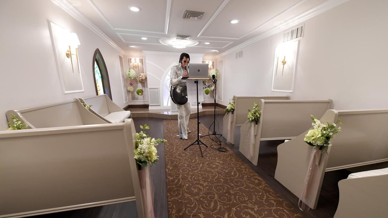 In America, some people are having weddings over Zoom conferences. This chapel is now offering the world's first virtual Elvis-themed vow renewal and commitment ceremonies. Picture: Ethan Miller/Getty Images