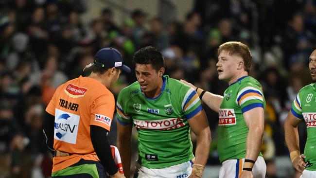 Brad Arthar claimed the tackle that left Joseph Tapine injured was not a cannonball, while Ricky Stuart was unsure why it didn’t result in a sin-bin. Picture: NRL Imagery.