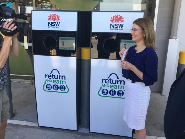 NSW Environment Minister Gabrielle Upton at one of the return and earn deposit vending machines. Picture: Supplied