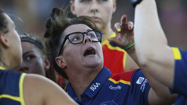 Bec Goddard instructing her players at three-quarter time. Picture Sarah Reed