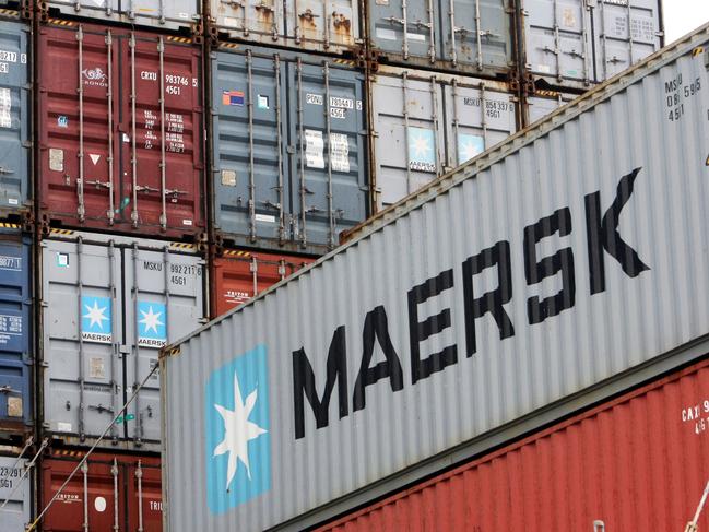 (FILES) This file photograph taken on August 30, 2010, shows containers from the Danish sea transport company Maersk stacked at the North port terminal in Bremerhaven, northern Germany. Several multinational companies said June 27, 2017, that they had been targeted in an international cyberattack which started in Russia and Ukraine before spreading to western Europe. Danish sea transport company Maersk, British advertising giant WPP and the French industrial group Saint-Gobain all said they came under attack and put protection protocols in place to avoid data loss. / AFP PHOTO / PATRIK STOLLARZ