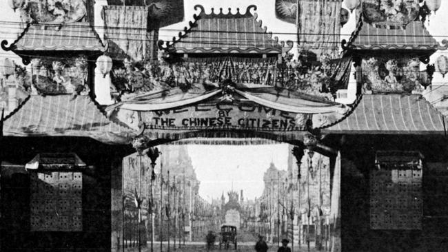 The Chinese Arch in Swanston St, constructed as a part of federation celebrations in 1901.