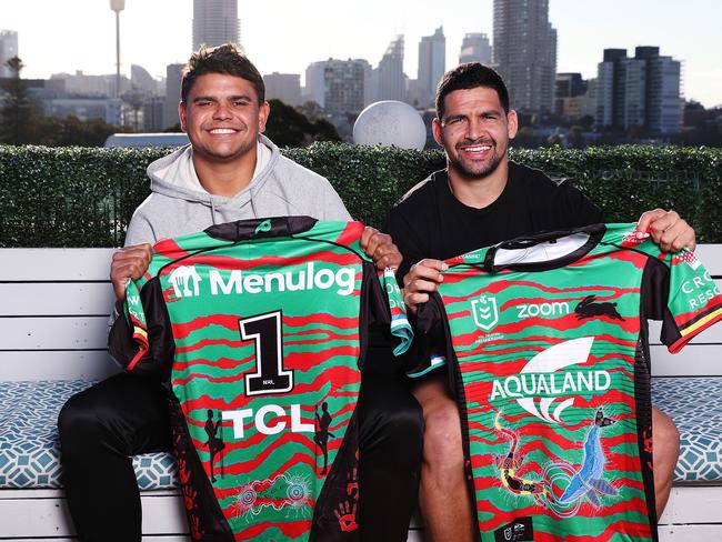 Latrell Mitchell and Cody Walker with the Rabbitohs' Indigenous Round jersey. Picture: Brett Costello