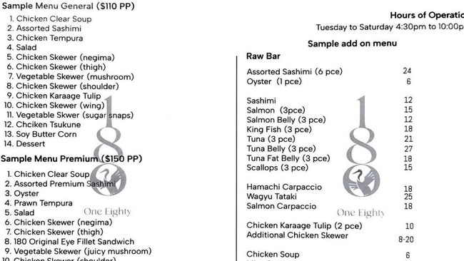 Sample menu at Labrador's One Eighty Japanese restaurant