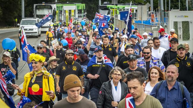 Freedom Day protesters and Proud Boys rally in support of Australia Day. Picture: Jake Nowakowski