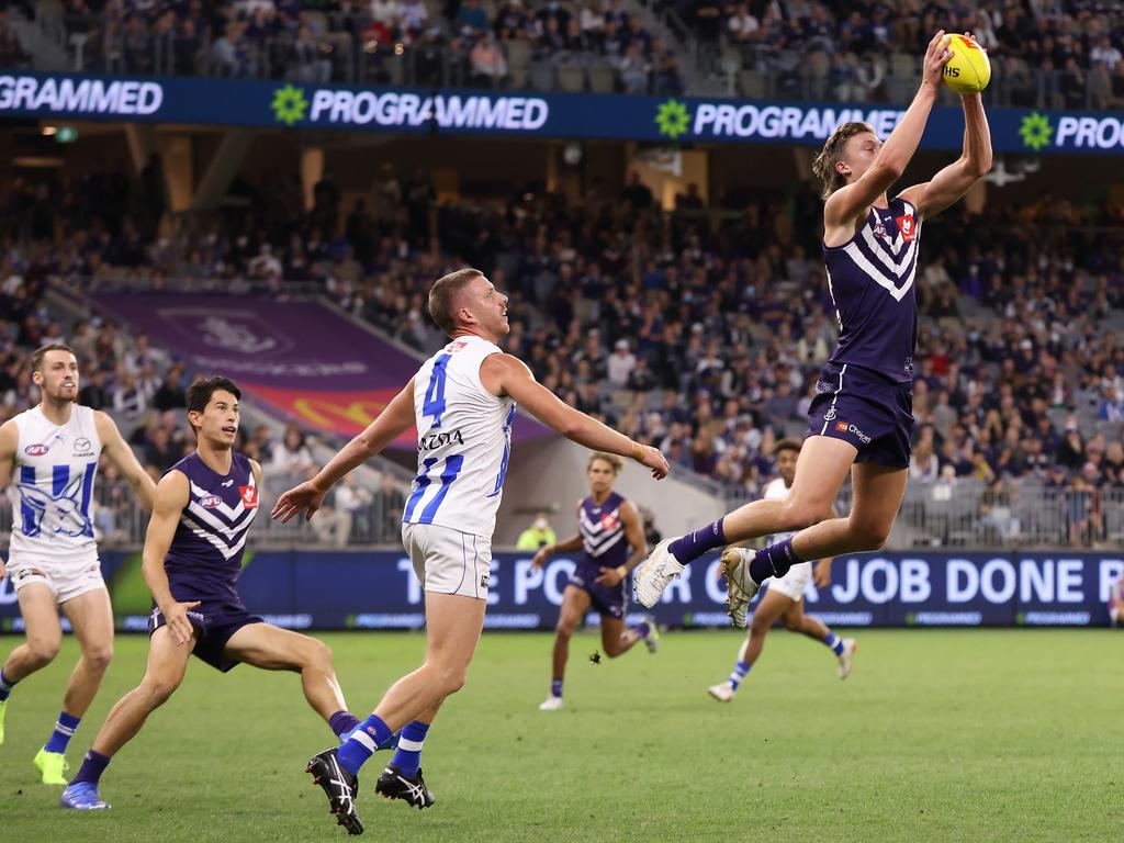 Jye Amiss of the Dockers marks the ball. Picture: Paul Kane/Getty Images
