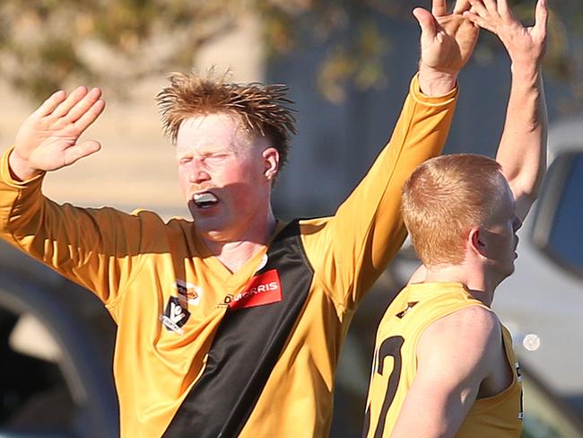 Bannockburn's Ryan Perkins (right) celebrates a goal. GDFNL North Geelong v Bannockburn. Picture: Alan Barber