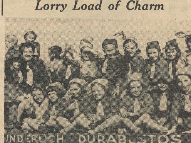 A group of Brownies on the back of a Wunderlich Durabestos truck, featured on page 6 of The Age on the 21st of May 1951.