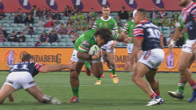 Sydney Roosters skipper Boyd Cordner misses Canberra's Josh Papalii, who goes on to score.