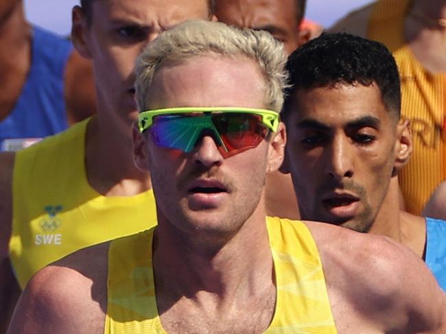 PARIS, FRANCE - AUGUST 02: (L-r) Oliver Hoare of Team Australia, Brian Komen of Team Kenya and Narve Gilje Nordas of Team Norway lead the group during the Men's 1500m Round 1 on day seven of the Olympic Games Paris 2024 at Stade de France on August 02, 2024 in Paris, France. (Photo by Steph Chambers/Getty Images)