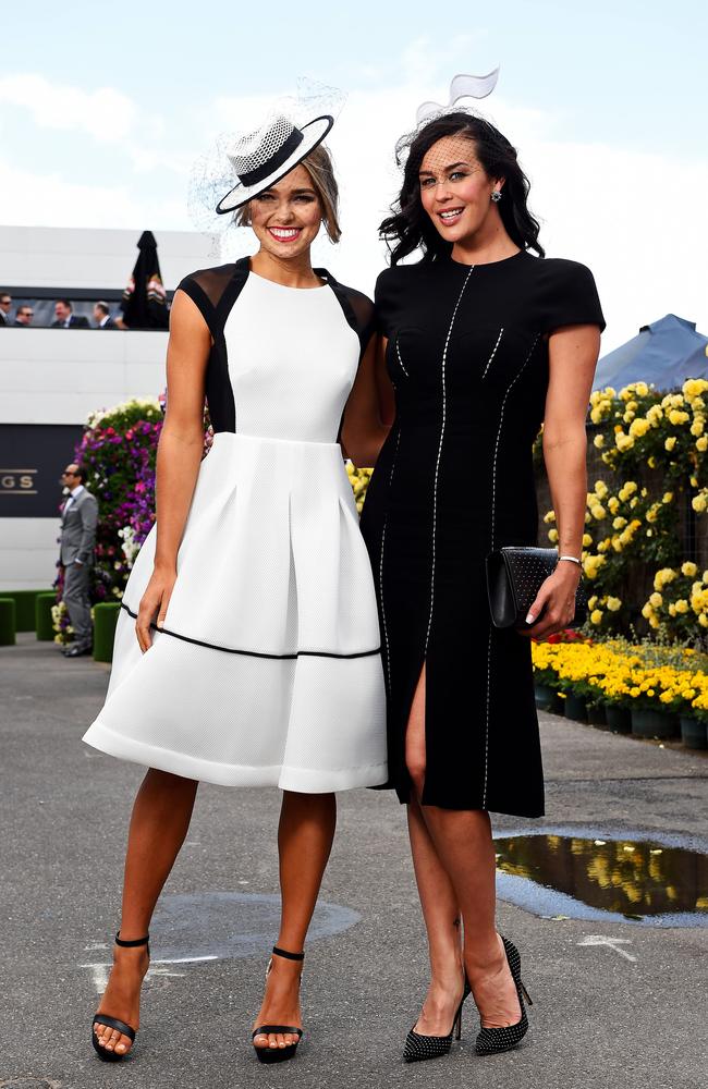 Derby Day Races. Flemington. Celebrity Fashion. Ashley Hart and Megan Gale. Picture: Jake Nowakowski