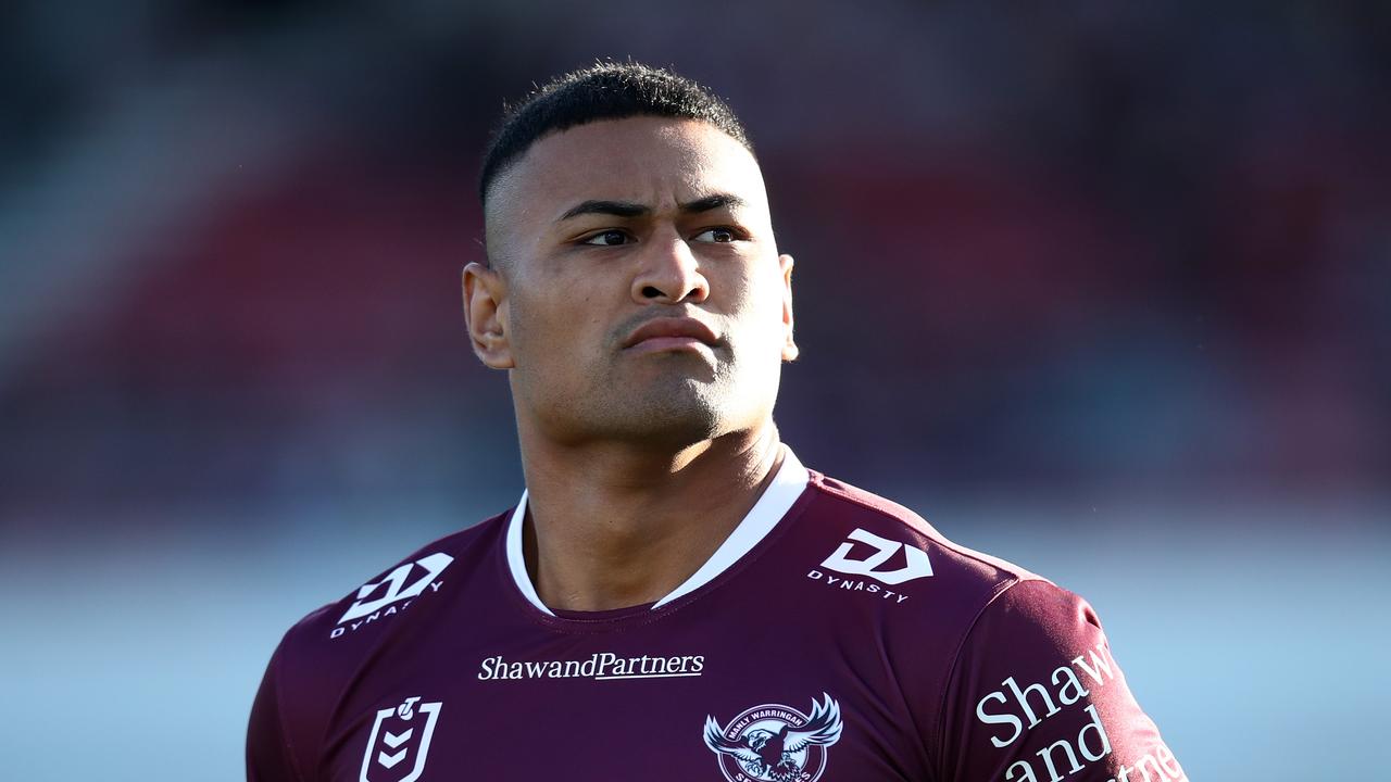 SYDNEY, AUSTRALIA - JULY 02: Haumole Olakau'atu of the Sea Eagles warms up ahead of the round 18 NRL match between Manly Sea Eagles and Sydney Roosters at 4 Pines Park on July 02, 2023 in Sydney, Australia. (Photo by Jason McCawley/Getty Images)