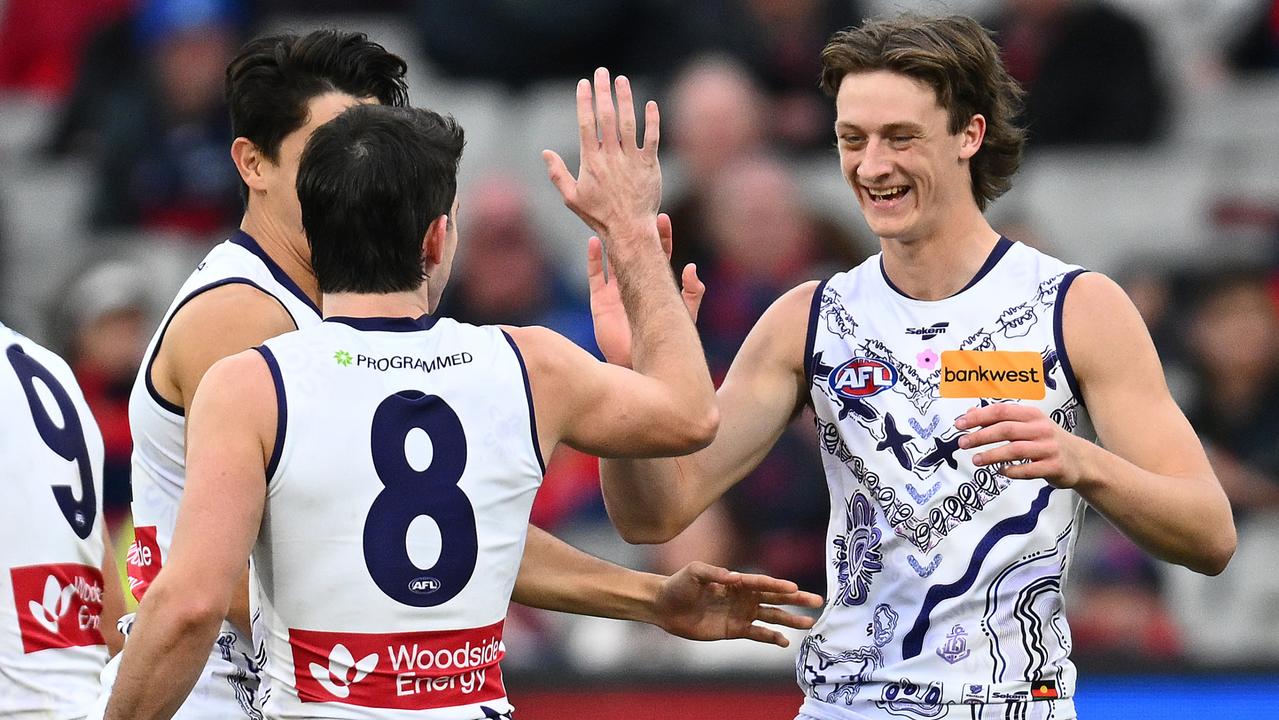 Jye Amiss celebrates a goal against the Dees. Picture: Quinn Rooney