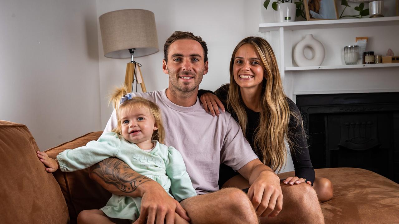 Port Adelaide star Jeremy Finlayson, his fiance Kellie Gardner and their daughter Sophia, 18 months, on February 2nd, 2023, at their Hendon home. Picture: Tom Huntley