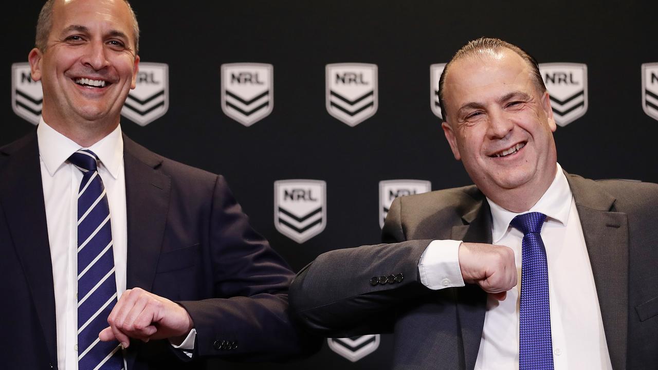 SYDNEY, AUSTRALIA - SEPTEMBER 03: Australian Rugby League Commission Chairman Peter V'landys and National Rugby League Chief Executive Andrew Abdo bump elbows during a NRL press conference at Rugby League Central on September 03, 2020 in Sydney, Australia. (Photo by Mark Metcalfe/Getty Images)