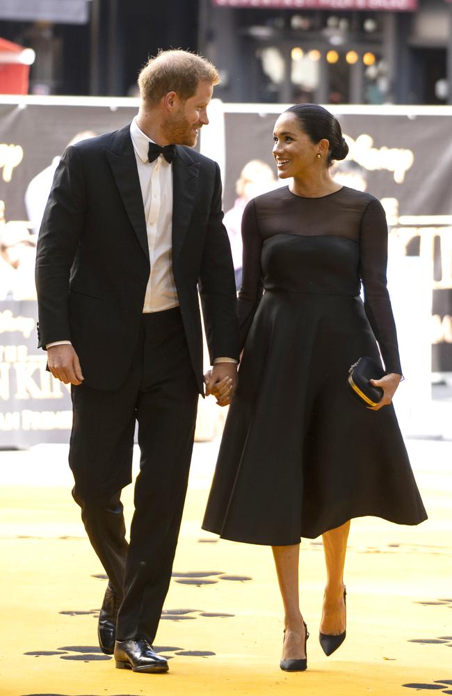 Prince Harry, Duke of Sussex and Meghan, Duchess of Sussex, arrive at the European Premiere of The Lion King last month. Picture: Niklas Hallen/Getty