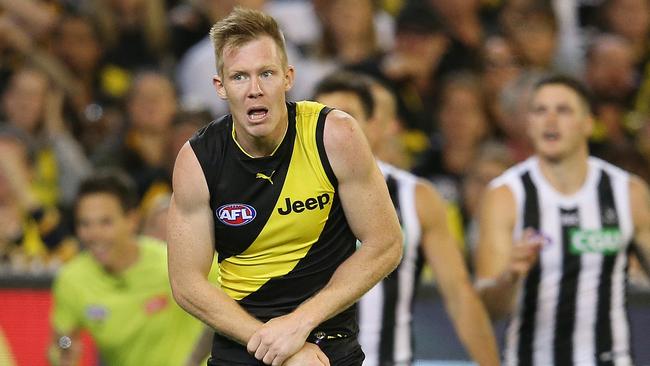 Jack Riewoldt hurt his wrist in Richmond’s Round 2 loss to Collingwood. Picture: Michael Klein.