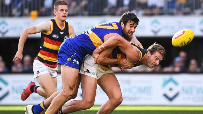 Daniel Talia of the Crows competes for the ball with Eagles star Josh Kennedy. Picture: Daniel Carson/AFL Photos via Getty Images