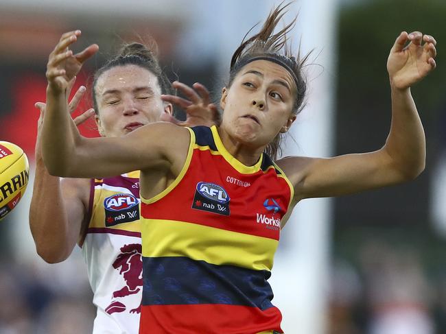 AFLW - Adelaide Crows v Brisbane Lions at Coopers Stadium (Norwood Oval) Justine Mules and Emily Bates. Picture Sarah Reed
